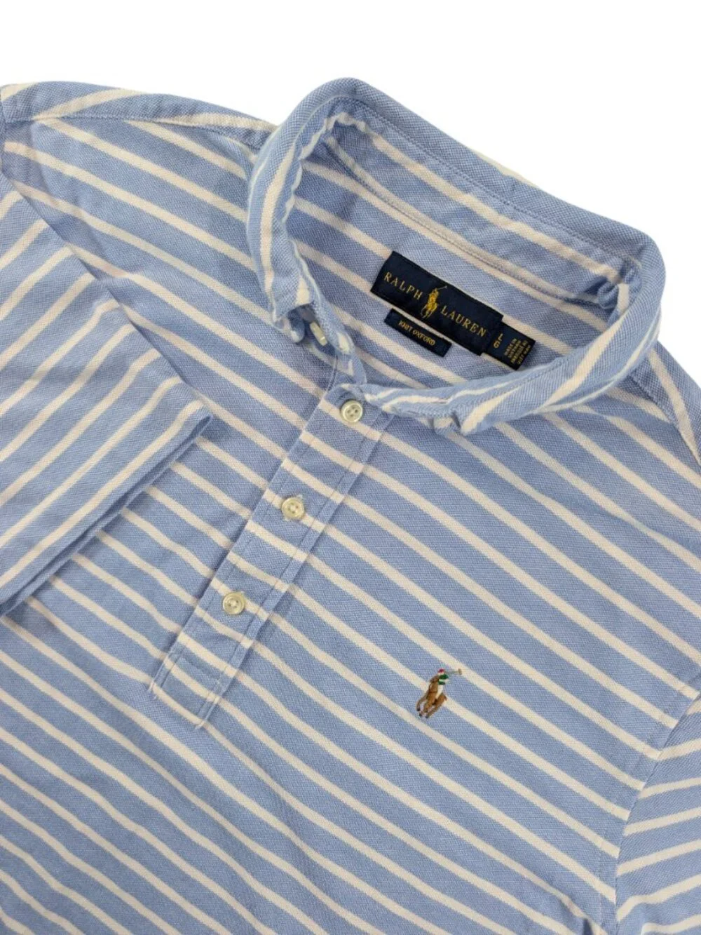 Ralph Lauren Knit Oxford Polo Blue White Striped Shirt Size L Classic Preppy